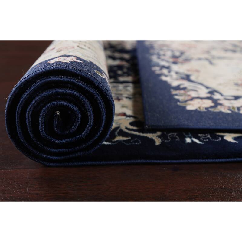 Navy Blue Floral Medallion Transitional Turkish Rug Oriental Carpet
