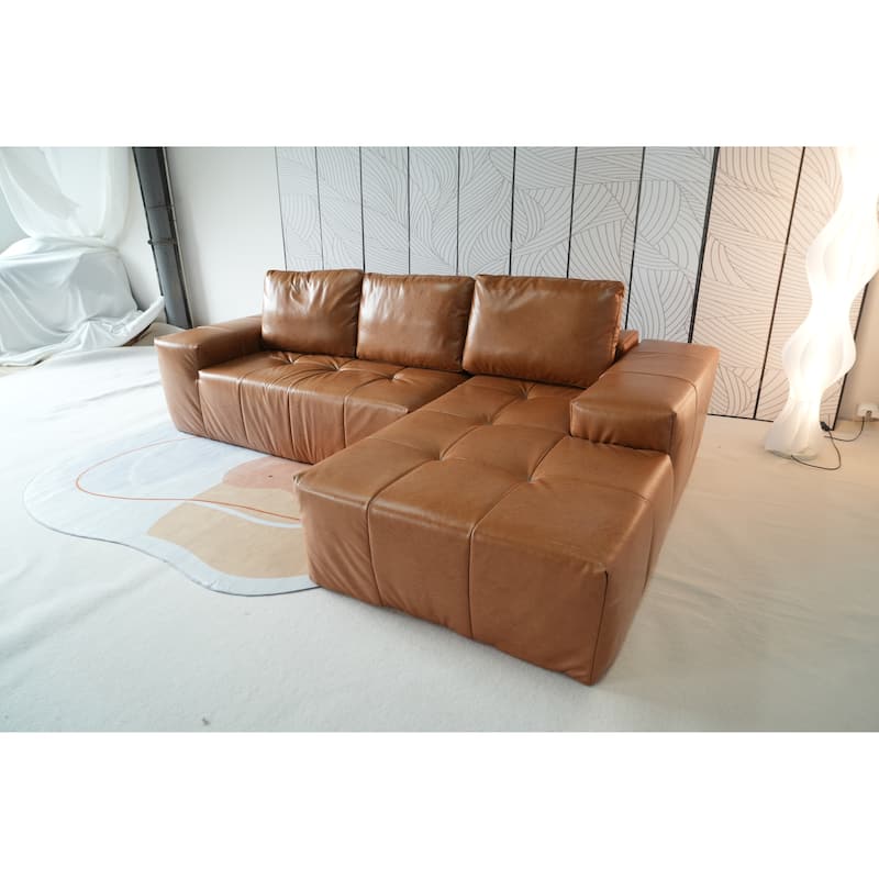 Brown Faux Leather L-Shaped Sectional Sofa with Chaise, Deep Seat Cloud Couch - No Assembly Required