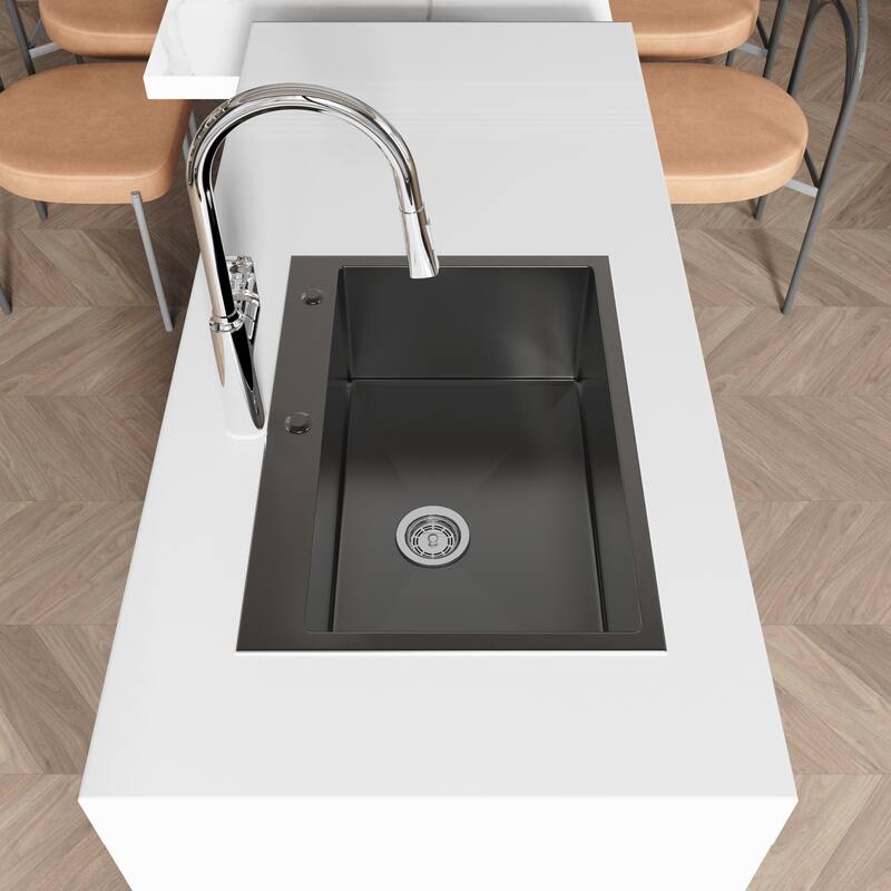 Modern Black 27 Inch Single Bowl Countertop Kitchen Sink 304 Stainless Steel Overmount with Lift and Turn Drain