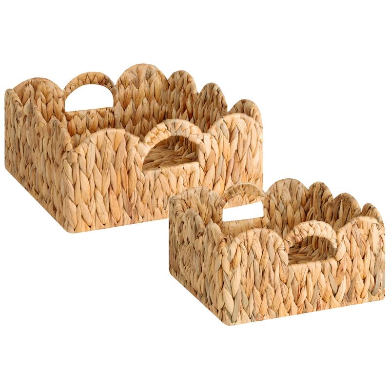 StorageWorks 2-pack Scalloped Edge Wicker Storage Baskets with Built-in Handles - Square Set - Water Hyacinth
