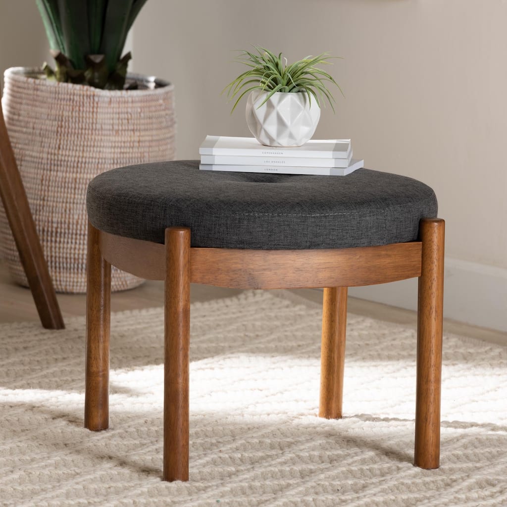 Iliana Japandi Dark Grey Fabric and Walnut Brown Finished Wood Ottoman Footstool