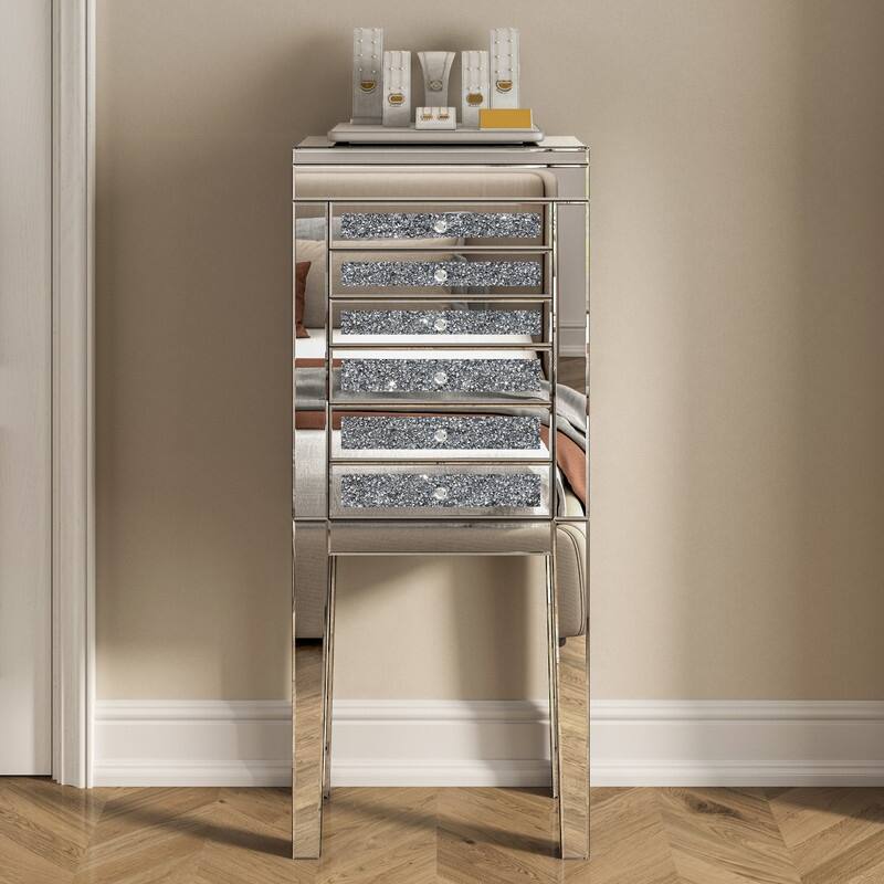 Mirrored Glass Jewelry Armoire with Crushed Diamond Inlay - Silver