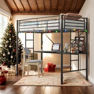 Kid Bed Frame Twin Metal Loft Bed with Desk,Power Outlet and LED Lighted