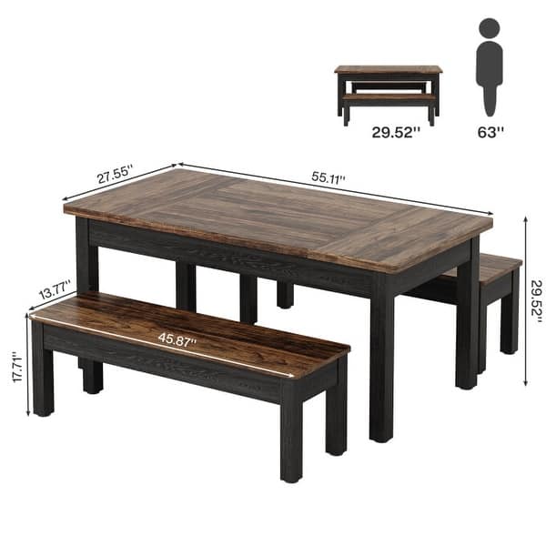 Wood Dining Table Set, 55-Inch Kitchen Table with 2 Benches for 4 