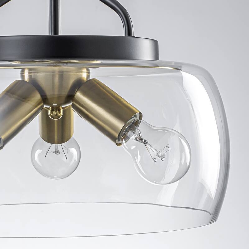 13" W 3-Light Modern Industrial Black Metal Semi-flush Mount Ceiling Light with Clear Dome Glass