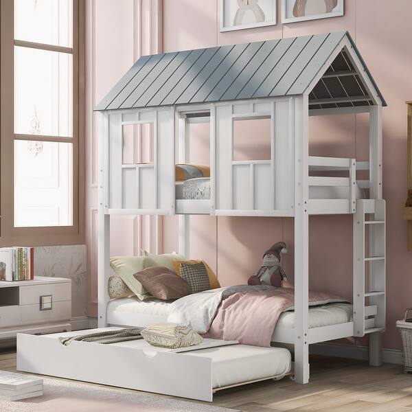slide 2 of 14, Kid Friendly Twin Size House Bunk Bed with Trundle, Roof & Windows White