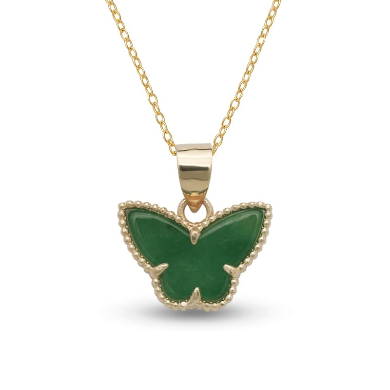 Curata 14k Yellow Gold 18" Black Onyx, White Pearl or Green Jade Butterfly Clover Pendant Necklace (15mm x 18mm) - Green Jade
