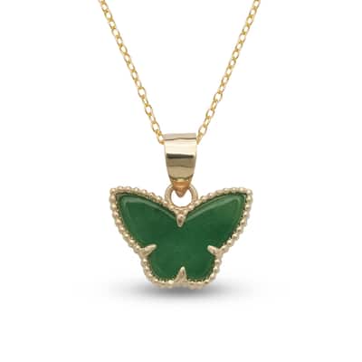 Curata 14k Yellow Gold 18" Black Onyx, White Pearl or Green Jade Butterfly Clover Pendant Necklace (15mm x 18mm)