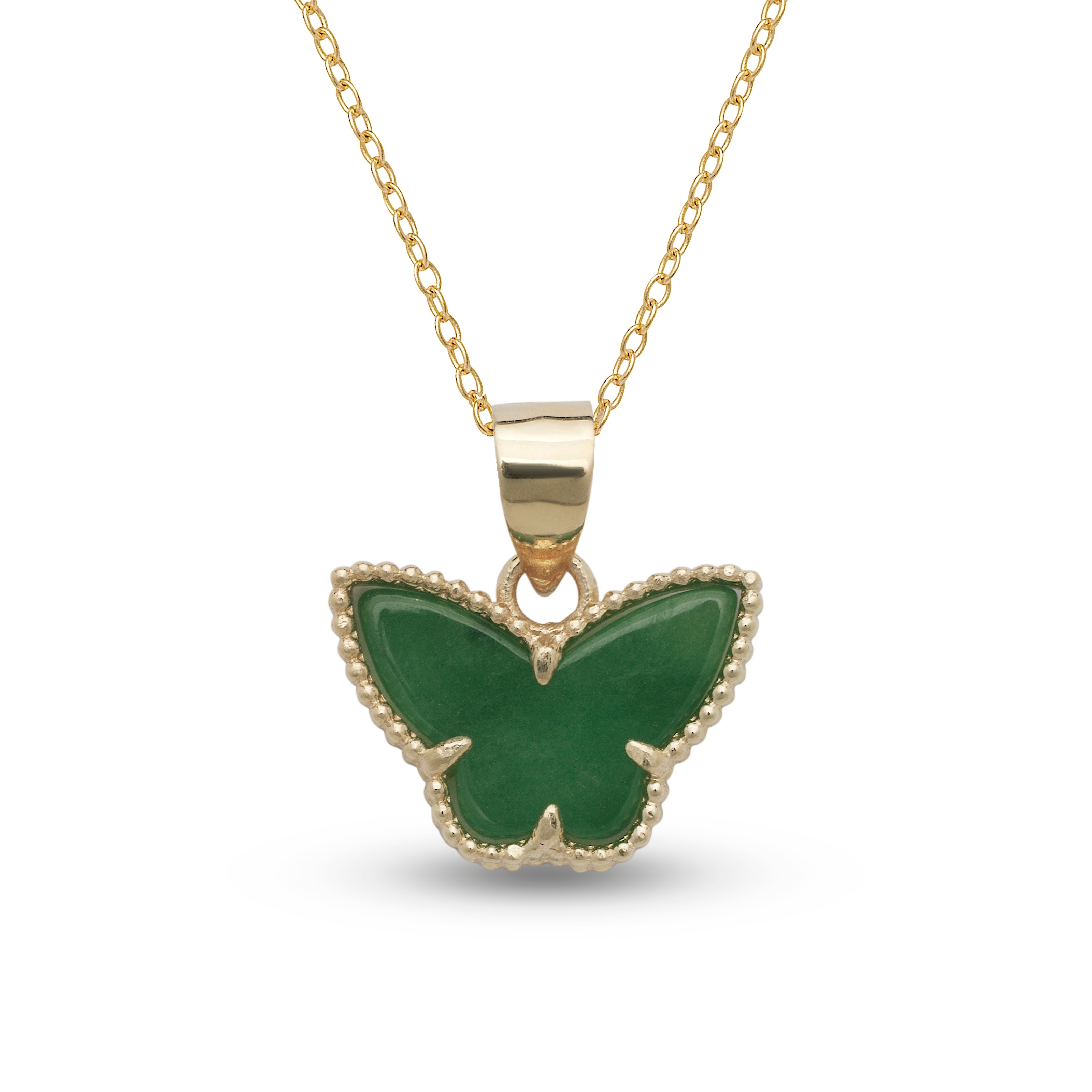 Curata 14k Yellow Gold 18" 18x15mm Black Onyx, White Pearl or Green Jade Butterfly Clover Necklace