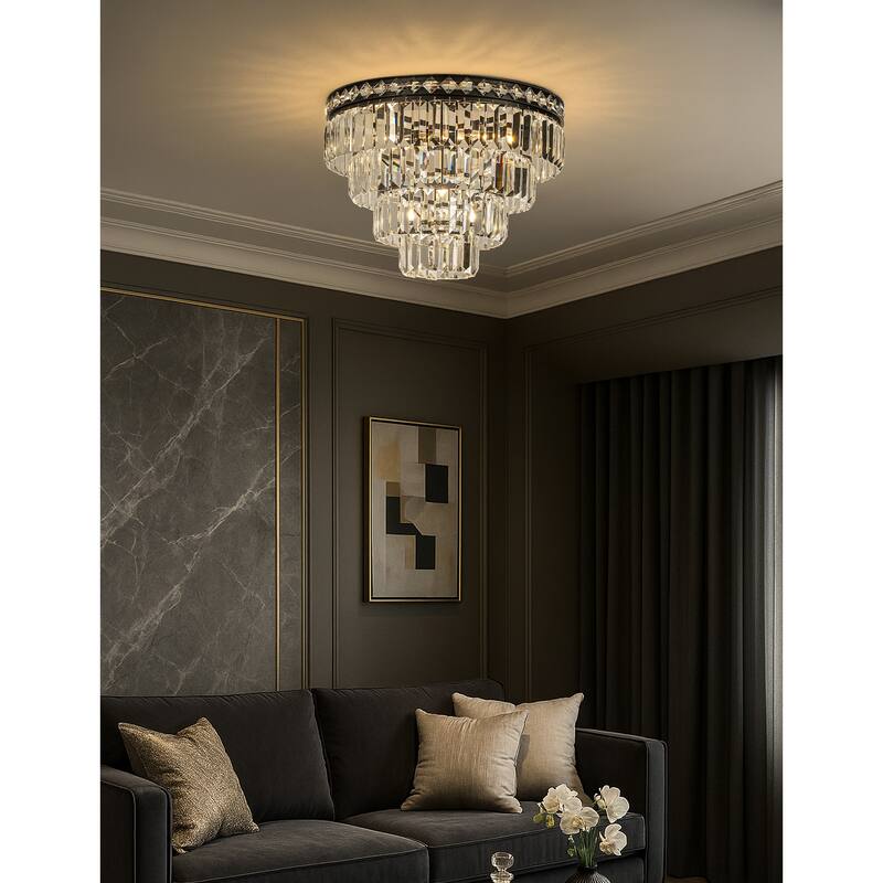 18'' Modern Classic Crystal Flush Mount With Matte Black Finish 4-Light Tiered Ceiling Light For Dining Room Foyer Bedroom