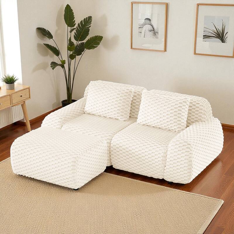 82" Modern L-Shaped Modular Sectional Sofa, Flannelette Fabric Oversized 2-Seater with Movable Ottoman & No-Assembly Design - Cream