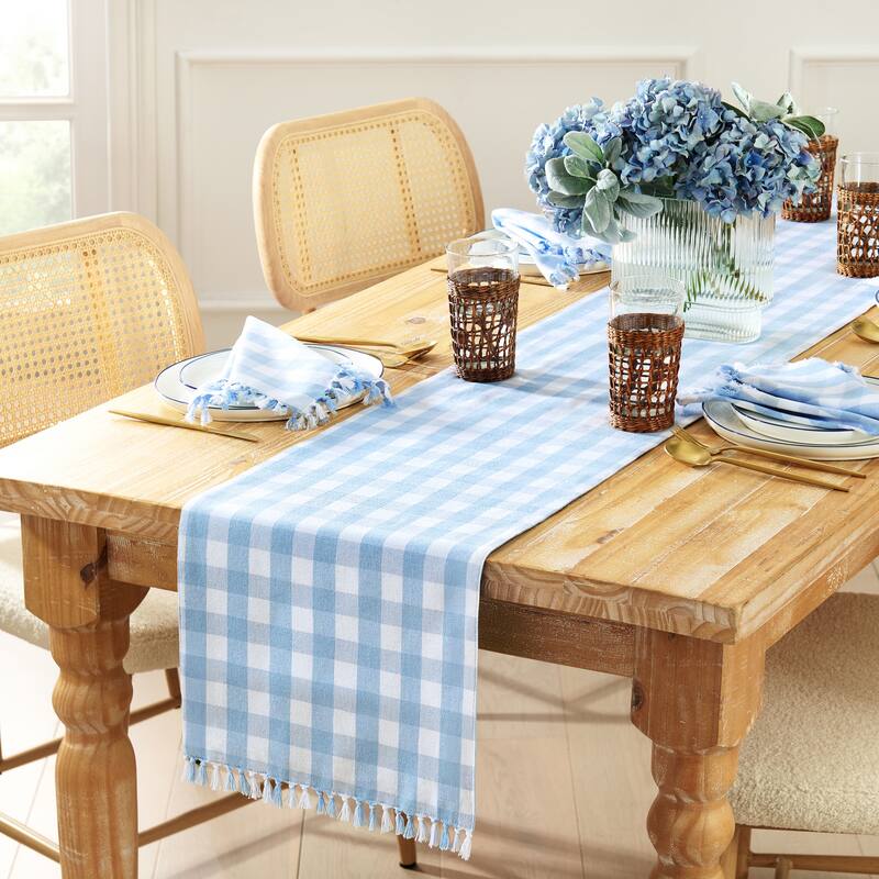 Knotted Gingham Table Runner and Napkin Set of 4 - Table Runner: 13"x70"; Napkins: 17"x17"