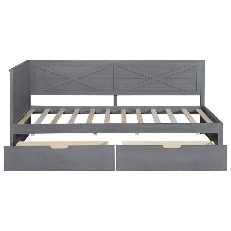 Twin Size Daybed with 2 Storage Drawers and Rustic Guardrail, Solid Wood Daybed Frame Sofa Bed with L-Shaped Headboard