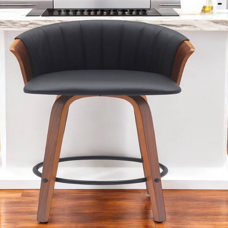 Faux Leather Swivel Counter Height Stool with Solid Wood Frame, Arms and Footrest