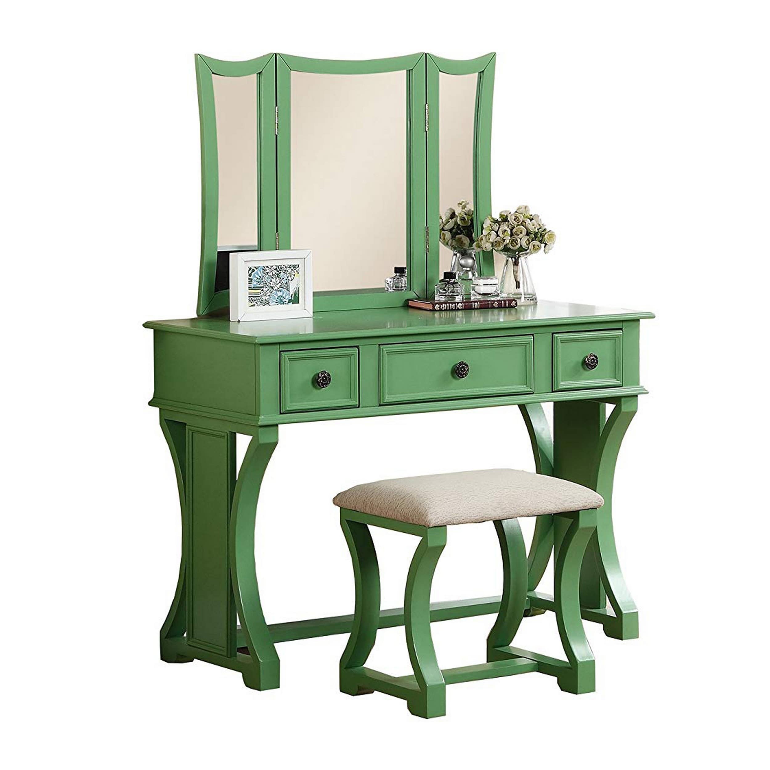 Modish Vanity Set Featuring Stool and Mirror - Green