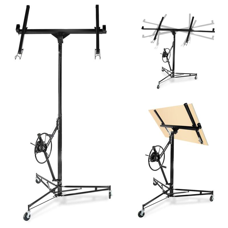 Drywall Lift 150lb Capacity Heavy Duty Sheetrock Hoist w/Telescopic Arm & Locking Wheels, Steel Panel Lifter for Ceiling - black