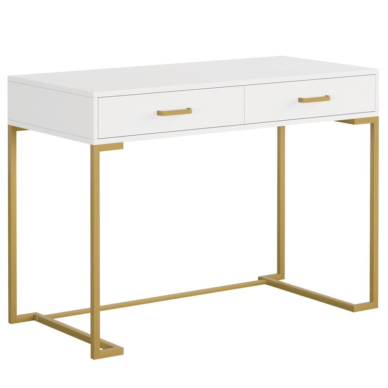 40" White and Gold Modern Computer Desk with 2 Drawers