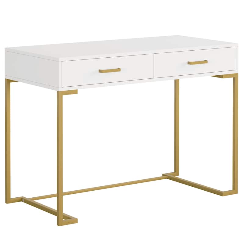 40"White and Gold Computer Desk with 2 Drawers, Modern Home Office Desk, Compact Writing Table, Vanity Desk for Bedroom