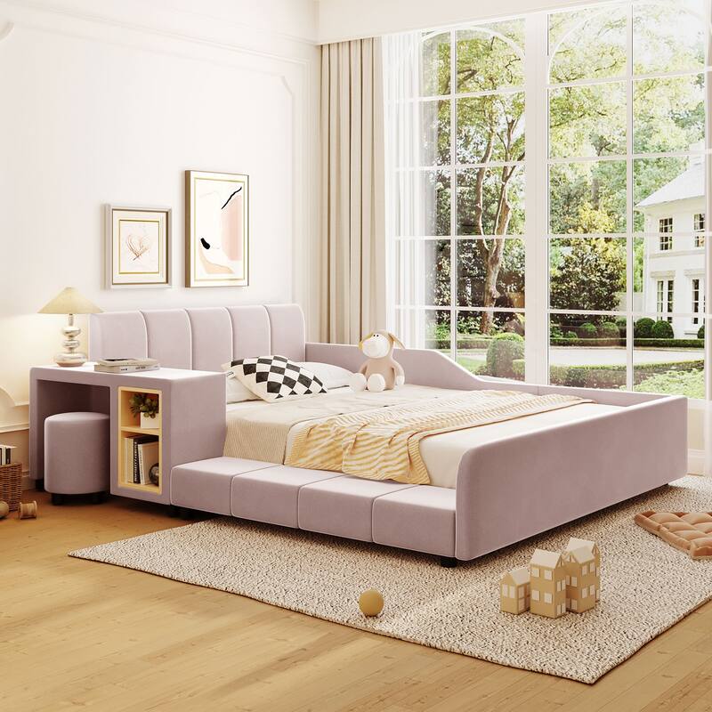 Full Size Upholstered Grounded Bed, Mother & Child Bed with Bedside Desk and Little Round Stool