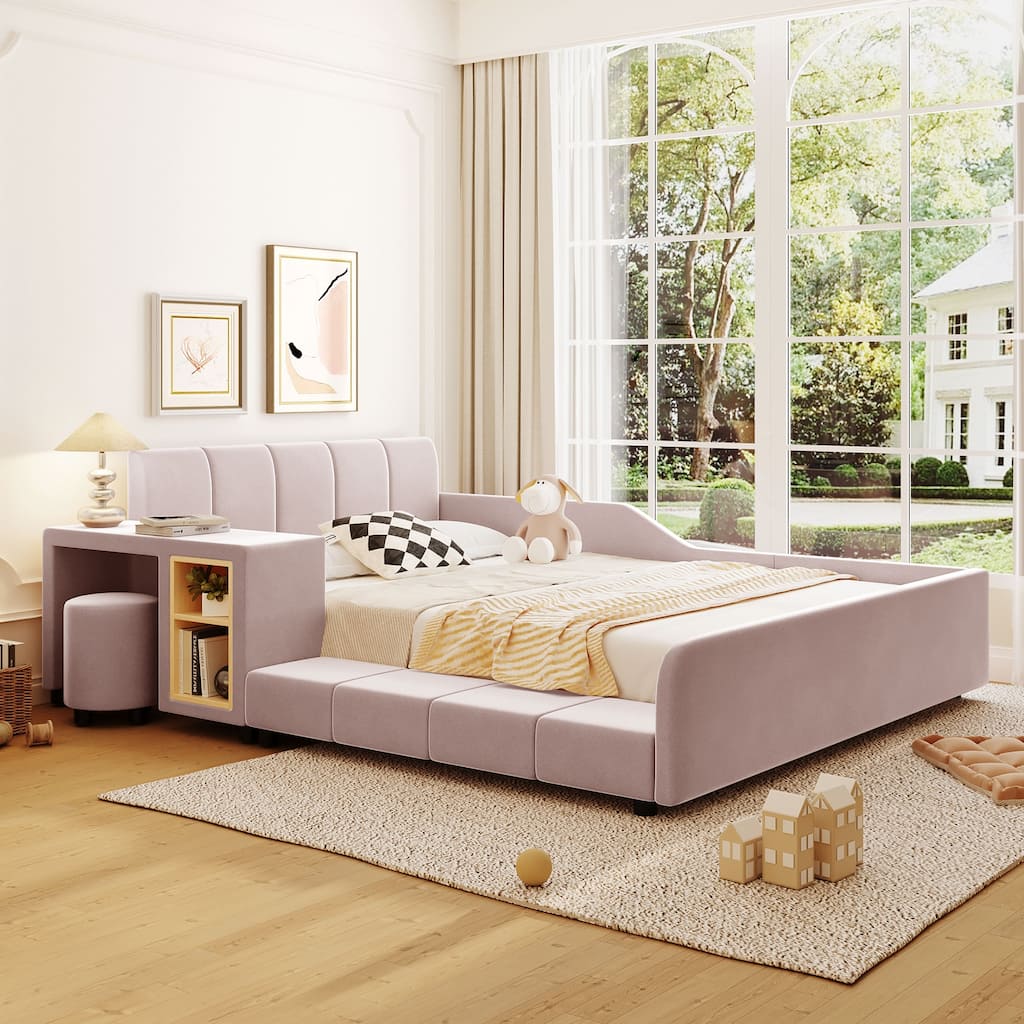 Velvet Upholstered Full Size Mother & Child Bed with Bedside Desk and Stool, Pink