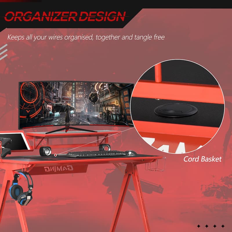 HOMCOM Gaming Desk Workstation with Monitor Shelf, Gamepad Rack, Cup Holder, Headphone Hook, and Cable Basket, Red