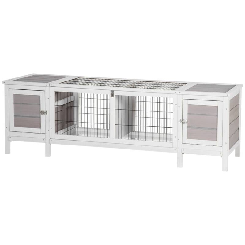 White-Grey Wooden Multi-Level Bunny Hutch Cage with Steel Frame and Extractable Divider - 63.5" W x 20" D x 21" H