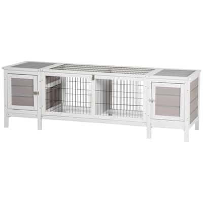 White-Grey Wooden Multi-Level Bunny Hutch Cage with Steel Frame and Extractable Divider - 63.5" W x 20" D x 21" H