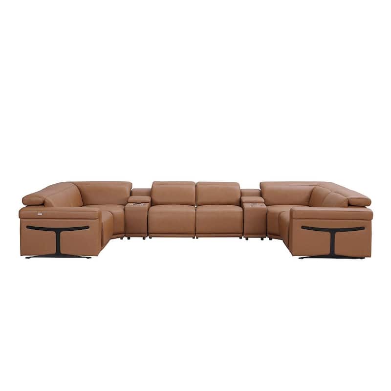 HomeRoots Chestnut Italian Leather Power Reclining U Shaped Eight Piece Sectional With Console