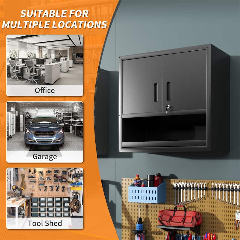 Metal Wall-Mounted Tool Storage Cabinet with Locking Door and 1 Shelf 1 Opened Drawer