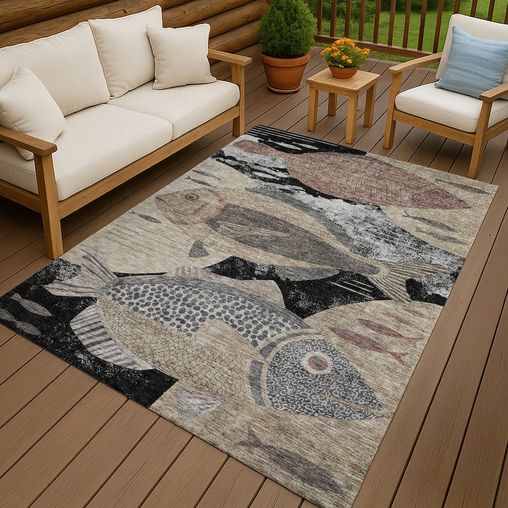 Machine Washable Indoor/ Outdoor Modern Fish Chantille Rug