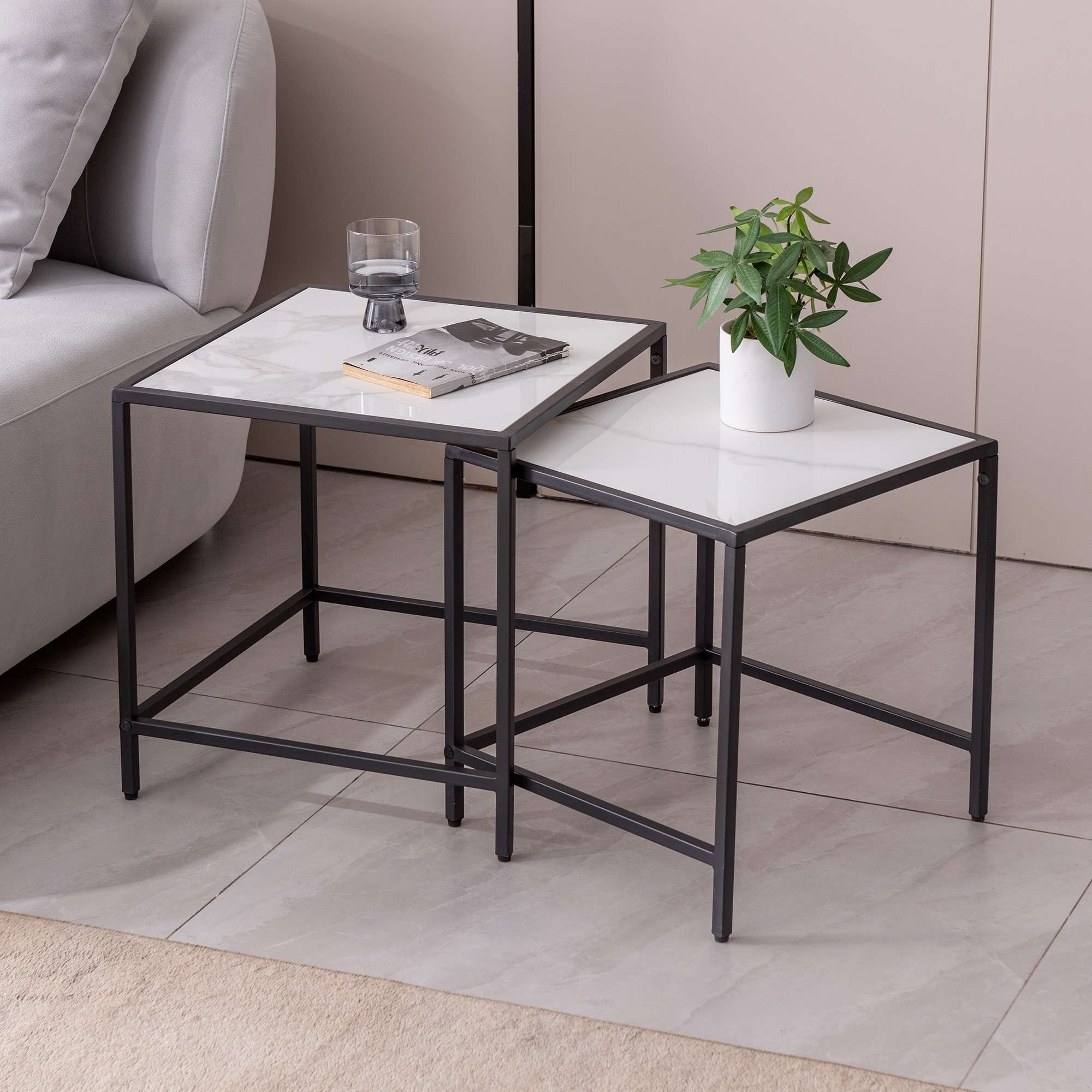 Square Sintered Stone Top with Metal Frame Nesting End Table 2 Piece