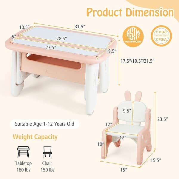 Toddler Table & Chair Set w/Erasable Magnetic Drawing Board Pink