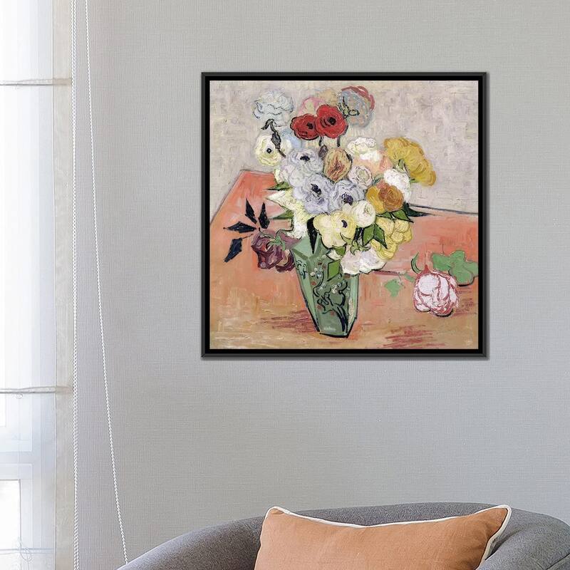 iCanvas "Japanese Vase with Roses and Anemones, 1890 " by Vincent van Gogh Framed Canvas Print