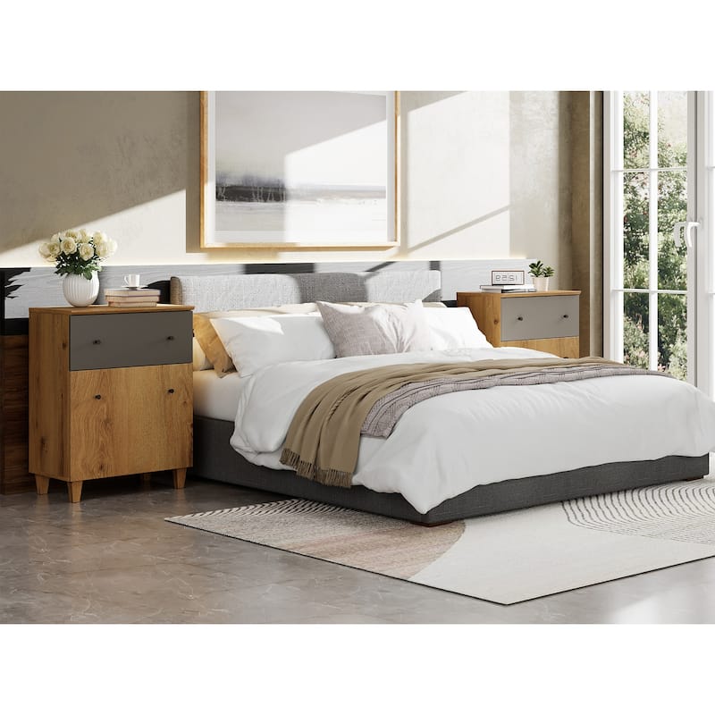 Bedroom Night Stand Bedside Table with Drawer and Cabinet, 32.4"H