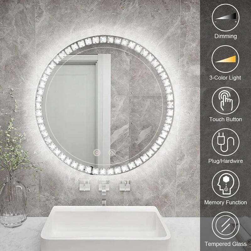 Sparkle Vision LED Dimmable 36" Round Anti-Fog Backlit Bathroom Vanity Mirror - Clear