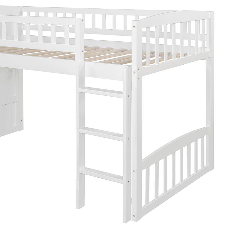 Stairway Twin Size Loft Bed with Two Drawers and Slide, White