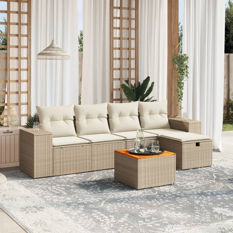 vidaXL Patio Sofa Set with Cushions Outdoor Furniture 6 Piece Poly Rattan - Beige and cream - 24.4 x 32.7 x 27.2 in