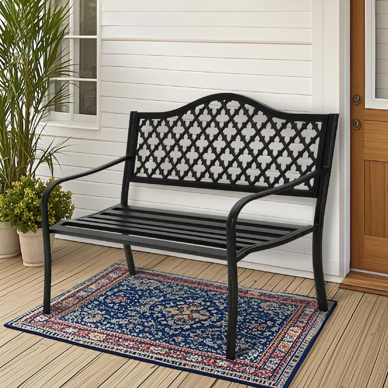 MAISON ARTS 50'' Cast Iron Outdoor Bench, Garden Bench with Backrest and Armrests - Straight legs