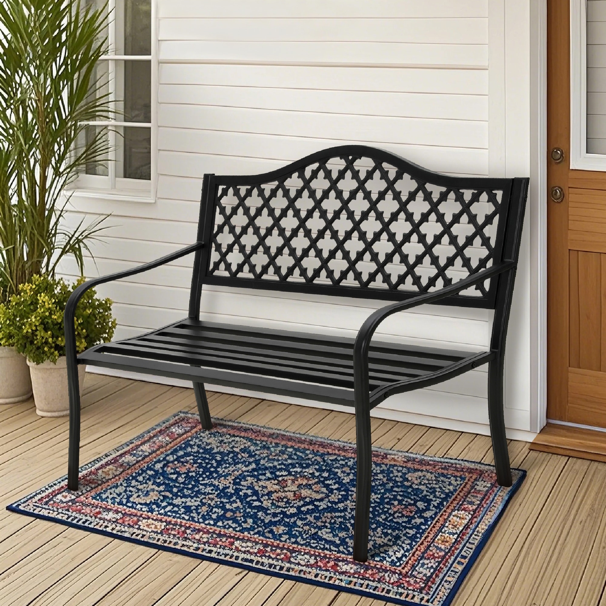 MAISON ARTS 50'' Cast Iron Outdoor Bench, Garden Bench with Backrest and Armrests
