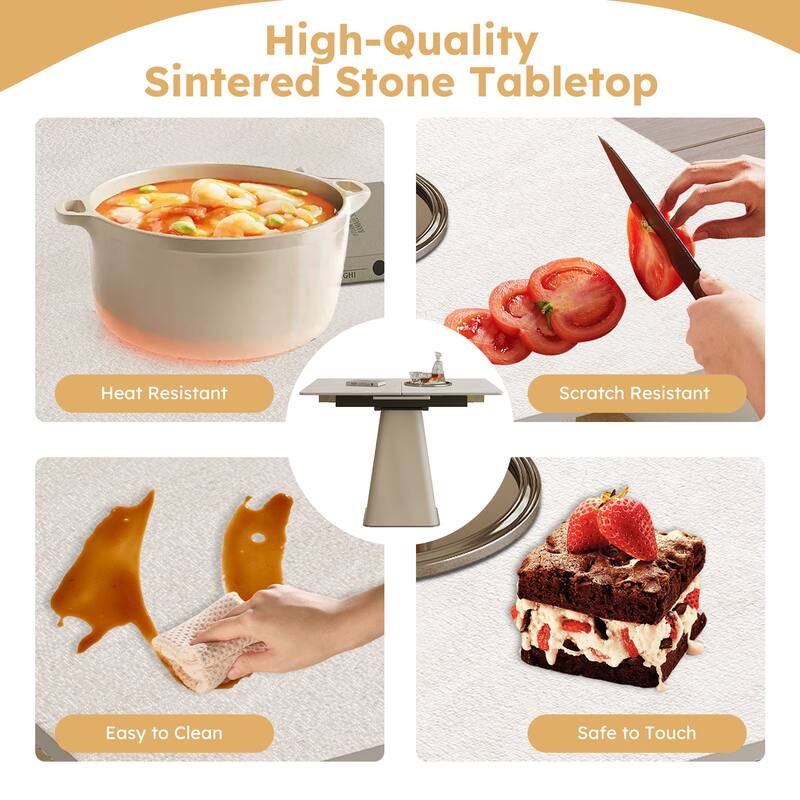 Retractable Rock Slab Folding Dining Table, Modern Square Expandable Table with Leather-Wrapped Stainless Steel Base - White