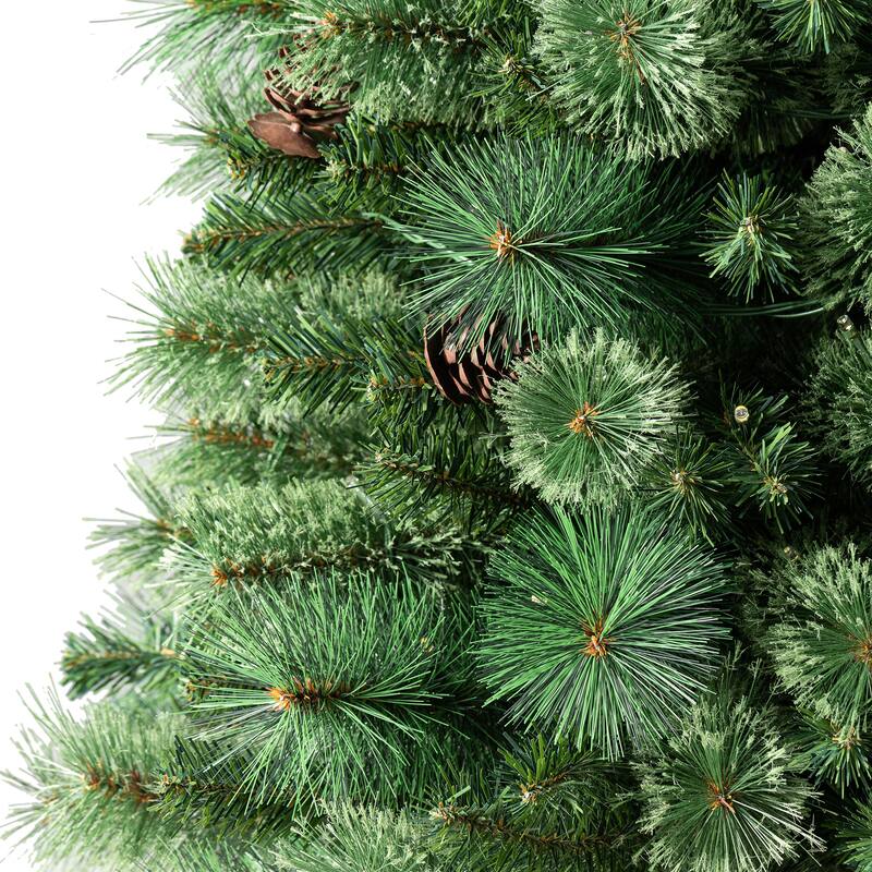 Glitzhome 7FT Pre-Lit Slim Artificial Christmas Tree with 200 LED Lights and Base, 9 Functional Warm White/Multi-Color