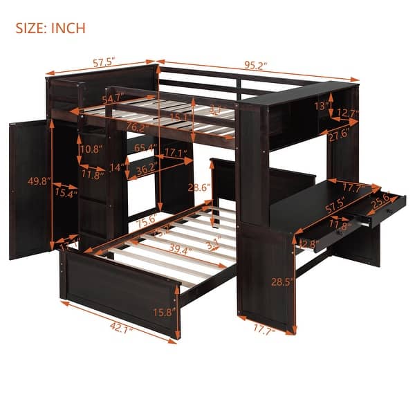 dimension image slide 1 of 2, Full size Loft Bed with a twin size Stand-alone bed, Shelves,Desk,and Wardrobe-Espresso