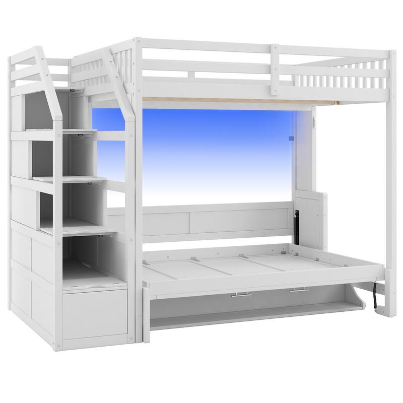 Full XL Loft Bed with Storage Stairs, Murphy Bed, LED Light, White