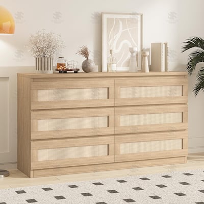 Modern Rattan 6-Drawer Dresser for Bedroom - Slim Wooden Chest of Drawers, Durable Freestanding Storage Organizer