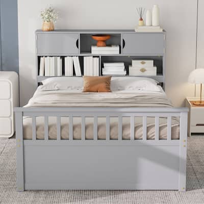 Full Size Wooden Captain Platform Bed Frame with Storage Bookcases Headboard and 4 Drawers