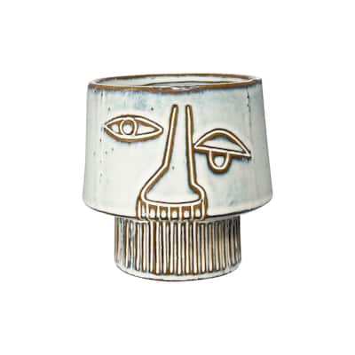 White Stoneware Vase with Abstract Face Design & Reactive Glaze Finish (Each one will vary)