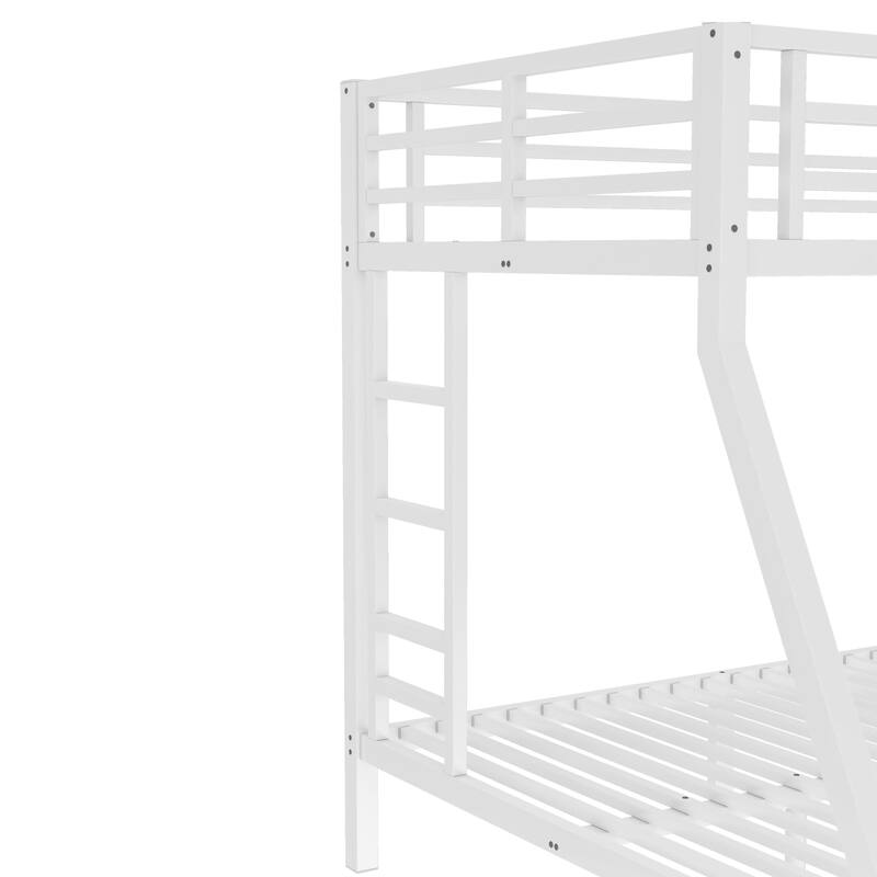 White Metal Twin over Full Bunk Bed Frame with Slats, 2 Side Ladder