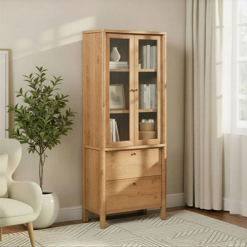 Walker Edison Modern Fluted Glass Bookshelf Cabinet with Drawers