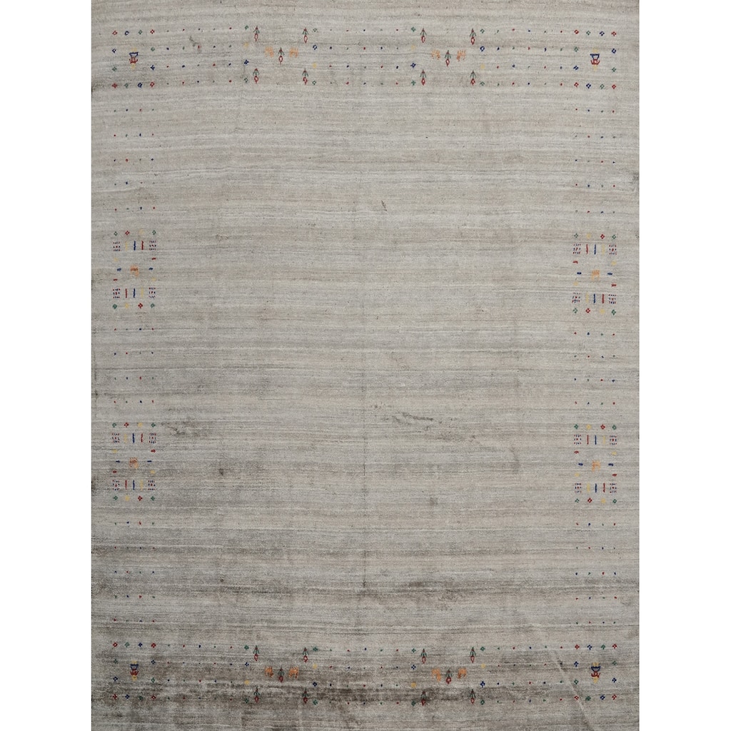 Hand Knotted Oriental Viscose Silk Carpet Tribal Animal Pictorial Greys & Charcoal Gabbeh Area Rug - 8' 10'' X 8' 9''