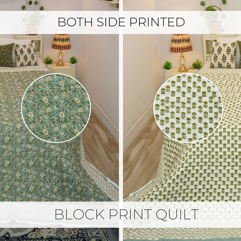 Fabdivine Hand Block Print Blue Green Floral Organic Cotton Quilt - Natural Boho Decorative Bedding, Reversible Handmade Design